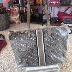 Tory Burch Black and Blue Patterned Tote